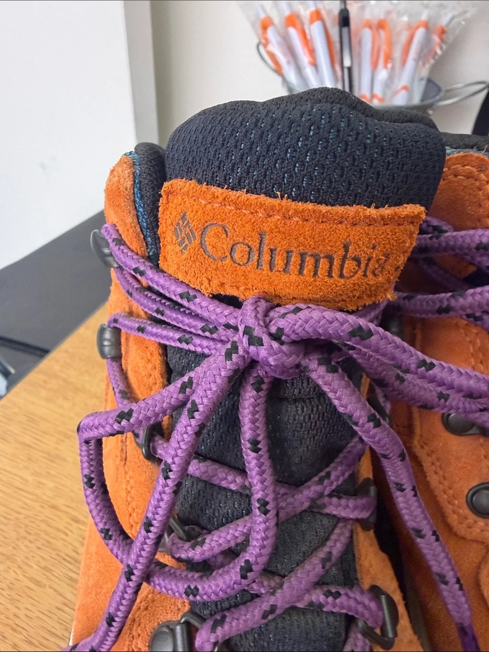 Columbia womens Orange Suede Hiking Boots with Purple Laces